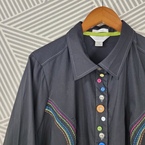CJ Banks Button Up Top Plus Size 1X Plaid Rainbow Embroidered Western Cowgirl - Picture 3 of 7